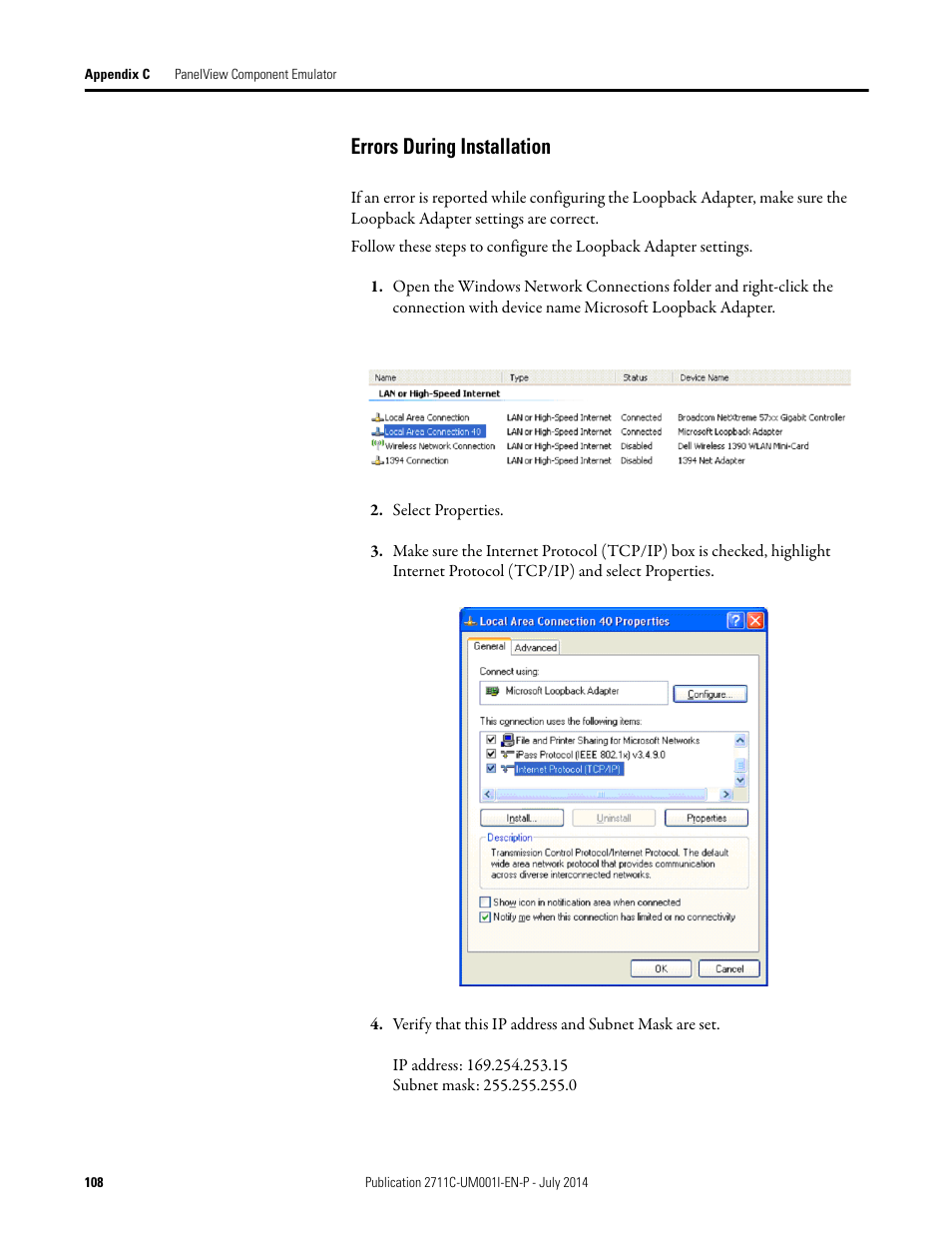 Errors during installation | Rockwell Automation 2711C-xxxx PanelView Component HMI Terminals User Manual | Page 108 / 146