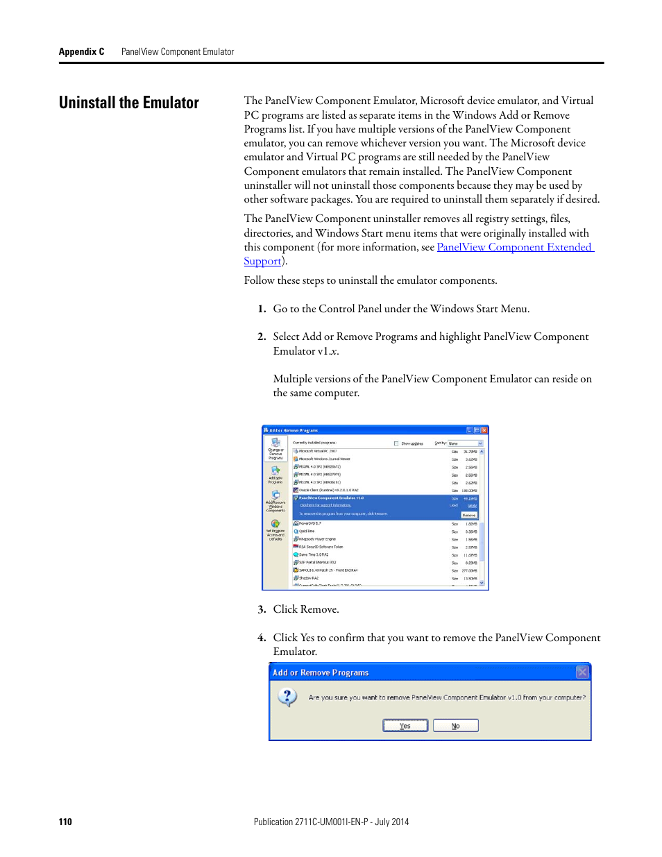 Uninstall the emulator | Rockwell Automation 2711C-xxxx PanelView Component HMI Terminals User Manual | Page 110 / 146