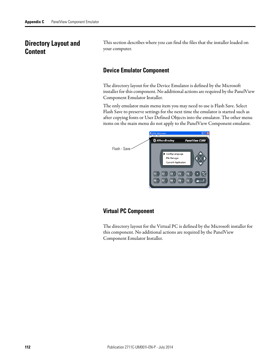 Directory layout and content, Device emulator component, Virtual pc component | Rockwell Automation 2711C-xxxx PanelView Component HMI Terminals User Manual | Page 112 / 146