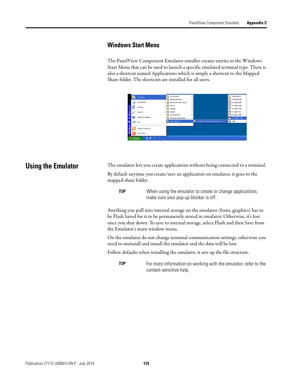 Windows start menu, Using the emulator | Rockwell Automation 2711C-xxxx PanelView Component HMI Terminals User Manual | Page 115 / 146