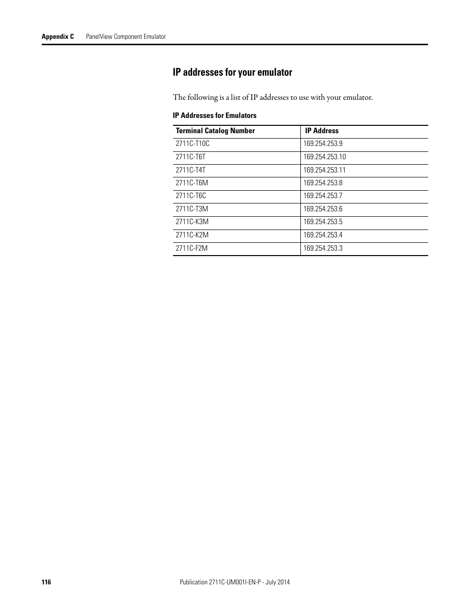 Ip addresses for your emulator | Rockwell Automation 2711C-xxxx PanelView Component HMI Terminals User Manual | Page 116 / 146