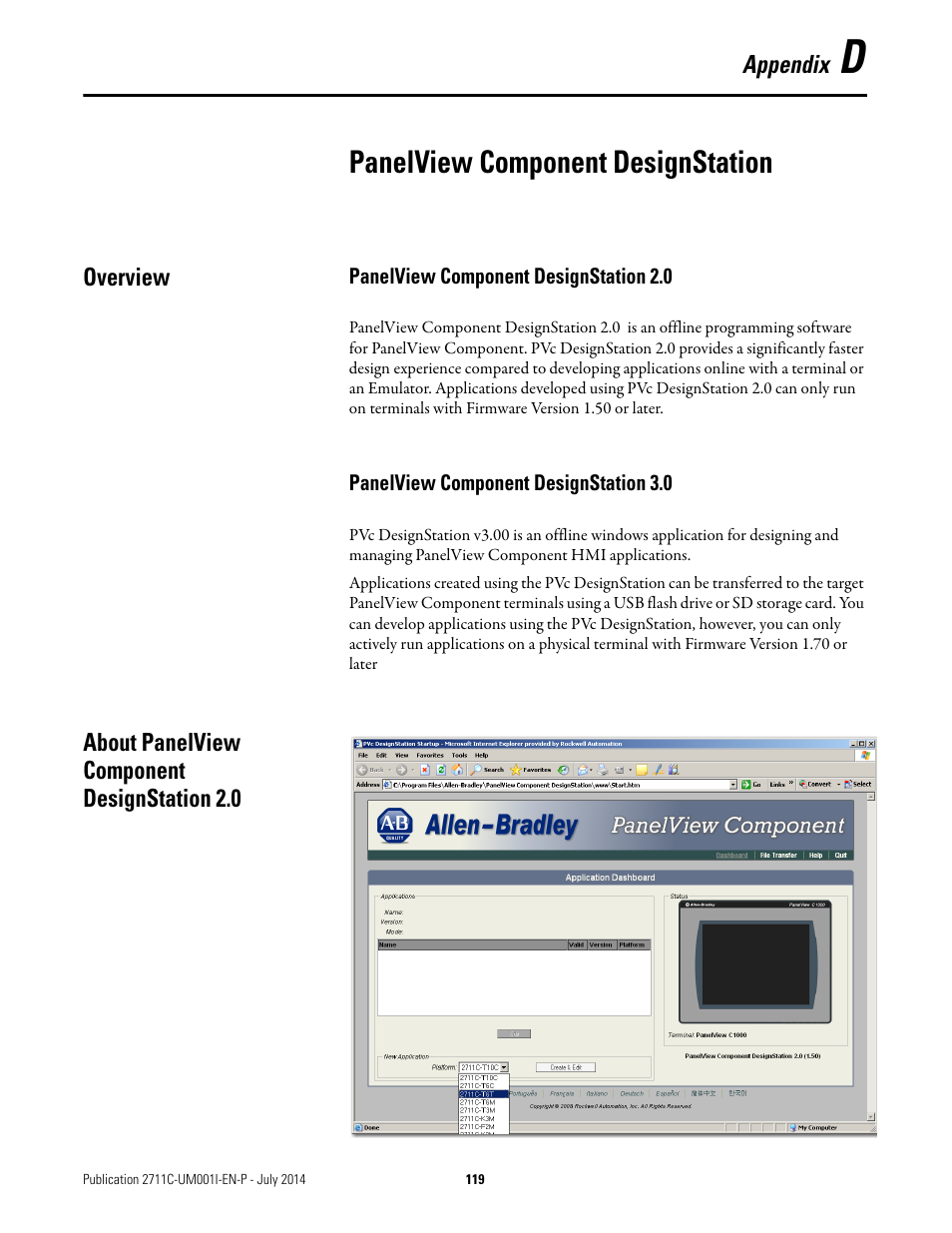 D - panelview component designstation, Overview, Panelview component designstation 2.0 | Panelview component designstation 3.0, About panelview component designstation 2.0, Appendix d, Panelview component designstation | Rockwell Automation 2711C-xxxx PanelView Component HMI Terminals User Manual | Page 119 / 146