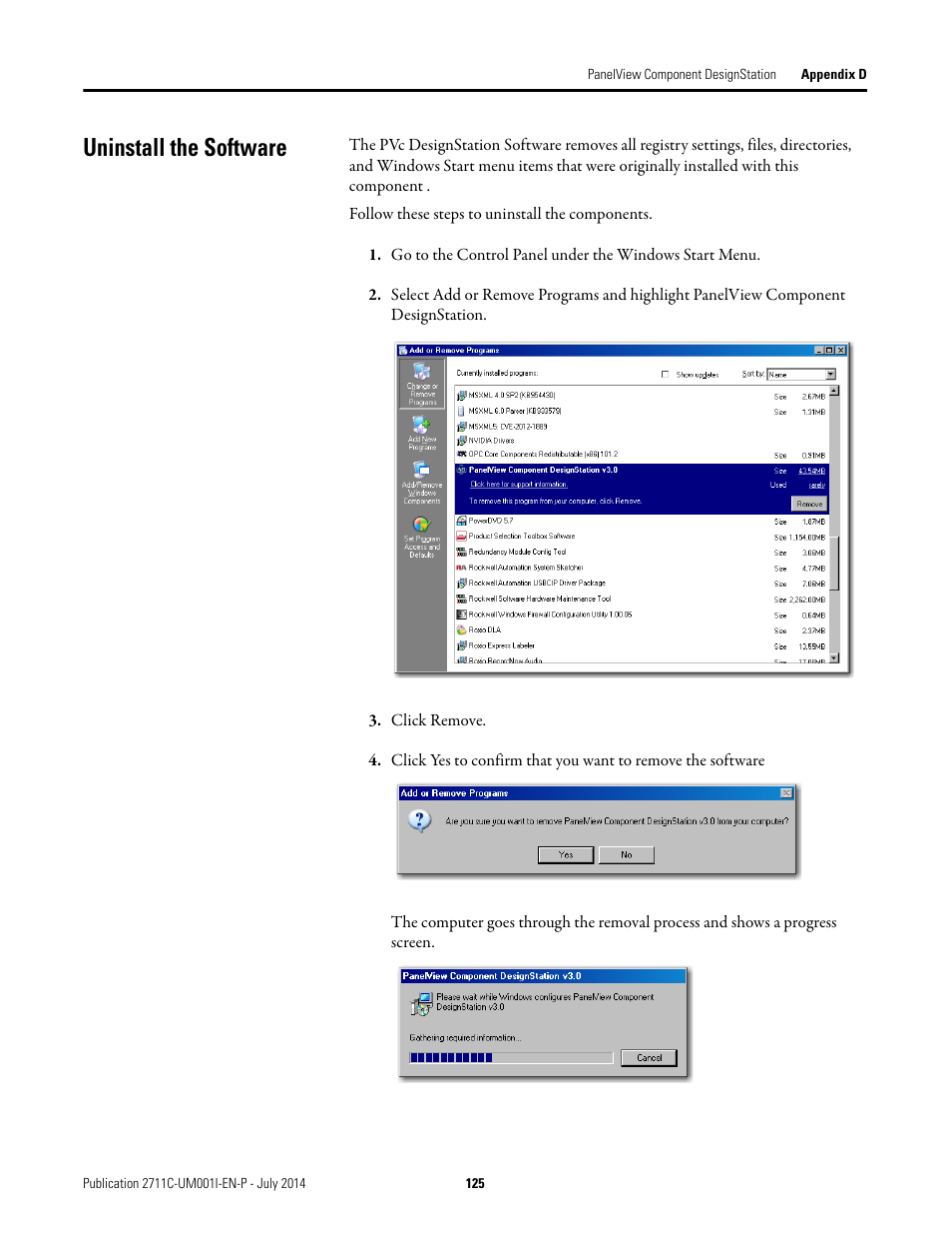 Uninstall the software | Rockwell Automation 2711C-xxxx PanelView Component HMI Terminals User Manual | Page 125 / 146