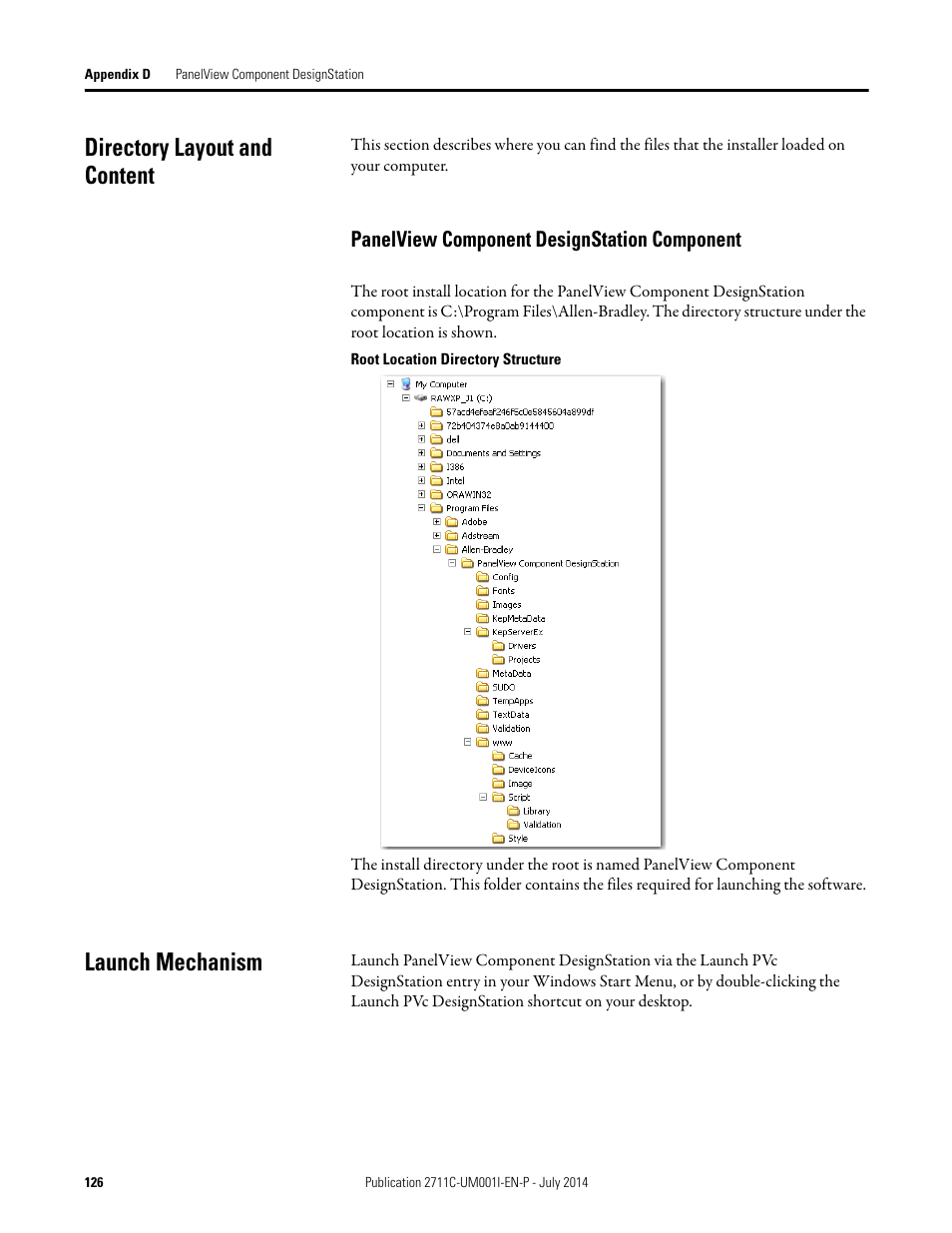 Directory layout and content, Panelview component designstation component, Launch mechanism | Directory layout and content launch mechanism | Rockwell Automation 2711C-xxxx PanelView Component HMI Terminals User Manual | Page 126 / 146