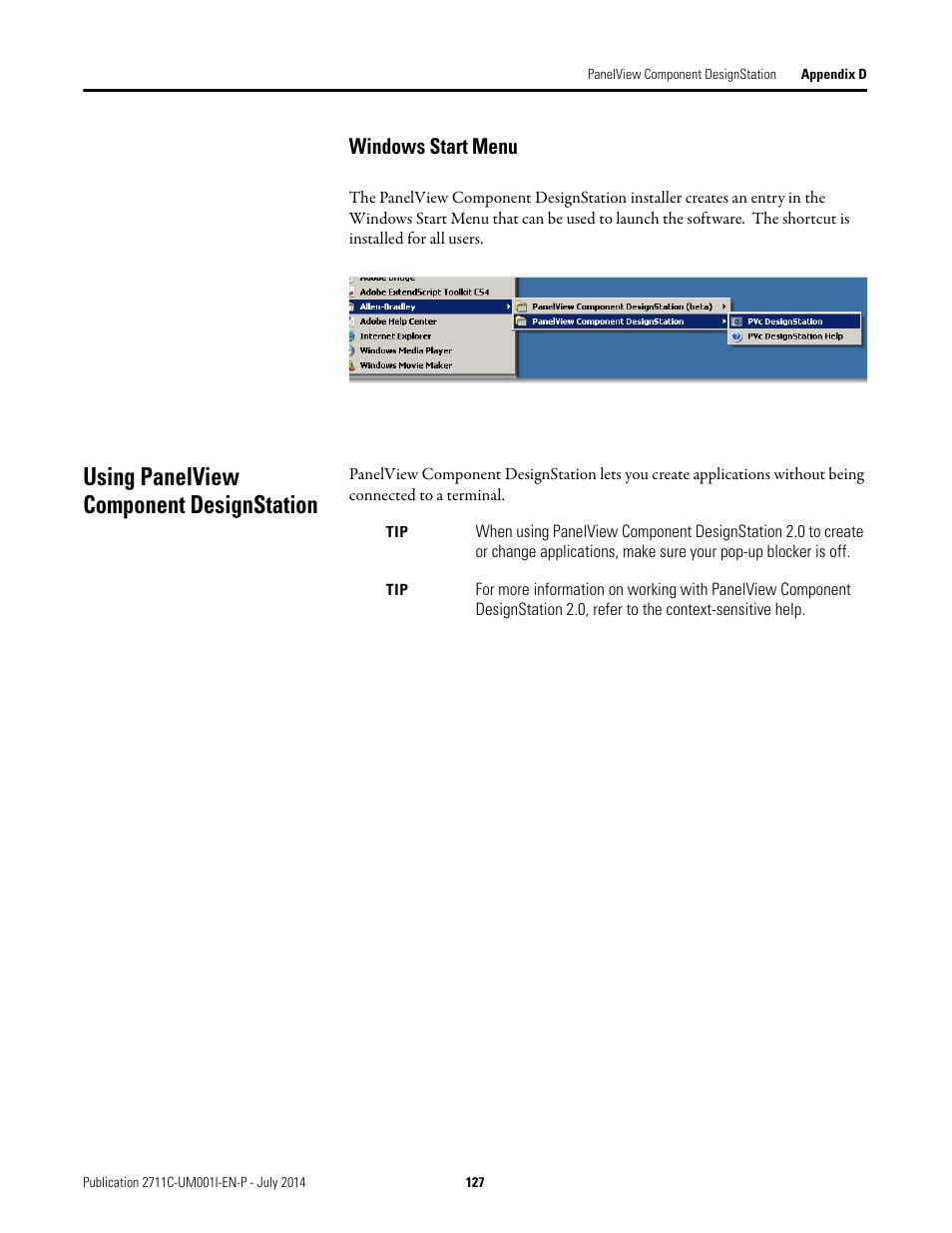 Windows start menu, Using panelview component designstation | Rockwell Automation 2711C-xxxx PanelView Component HMI Terminals User Manual | Page 127 / 146