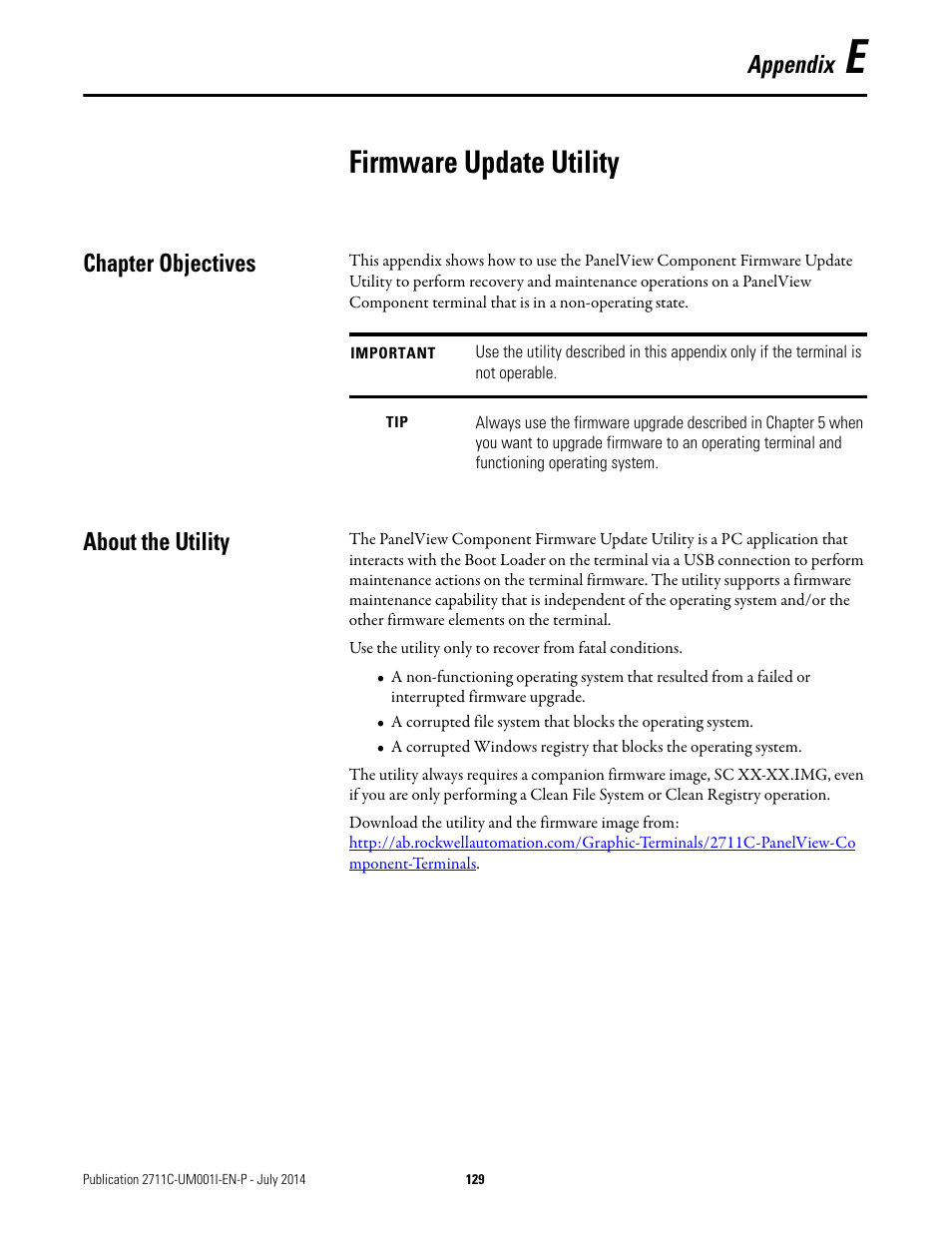 E - firmware update utility, Chapter objectives, About the utility | Appendix e, Firmware update utility, Chapter objectives about the utility, Appendix | Rockwell Automation 2711C-xxxx PanelView Component HMI Terminals User Manual | Page 129 / 146