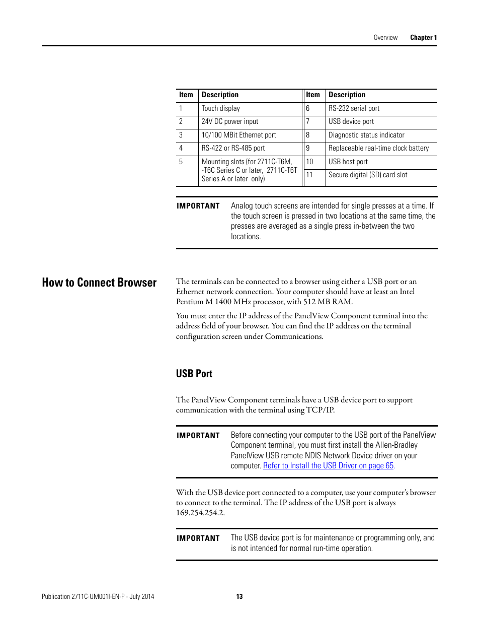 How to connect browser, Usb port | Rockwell Automation 2711C-xxxx PanelView Component HMI Terminals User Manual | Page 13 / 146