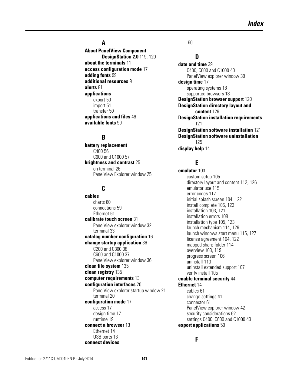 Index | Rockwell Automation 2711C-xxxx PanelView Component HMI Terminals User Manual | Page 141 / 146