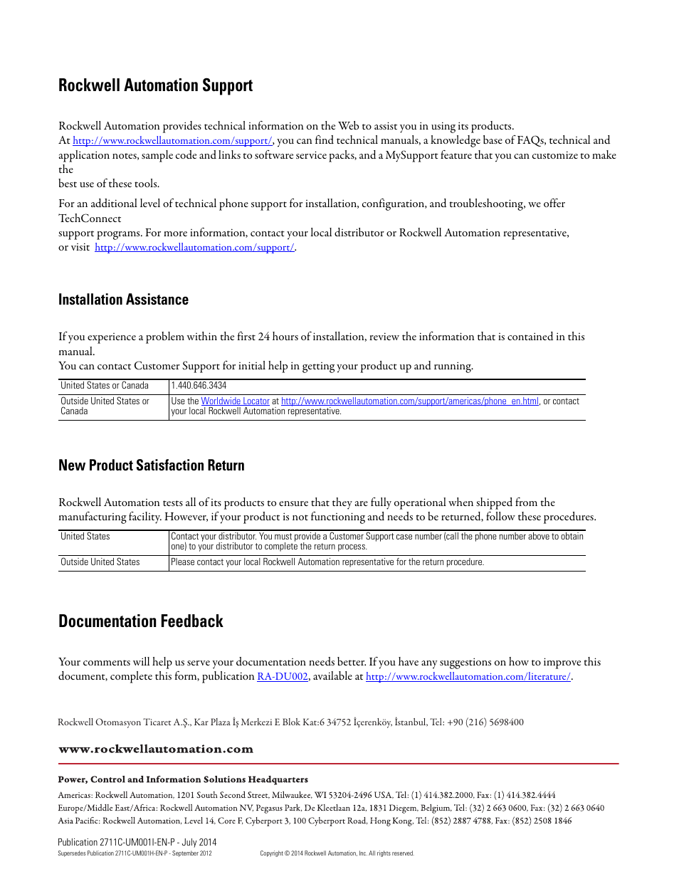 Back cover, Rockwell automation support, Documentation feedback | Installation assistance, New product satisfaction return | Rockwell Automation 2711C-xxxx PanelView Component HMI Terminals User Manual | Page 146 / 146