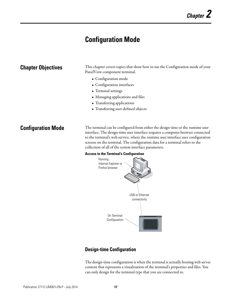 2 - configuration mode, Chapter objectives, Configuration mode | Design-time configuration, Chapter 2, Chapter objectives configuration mode, Chapter | Rockwell Automation 2711C-xxxx PanelView Component HMI Terminals User Manual | Page 17 / 146