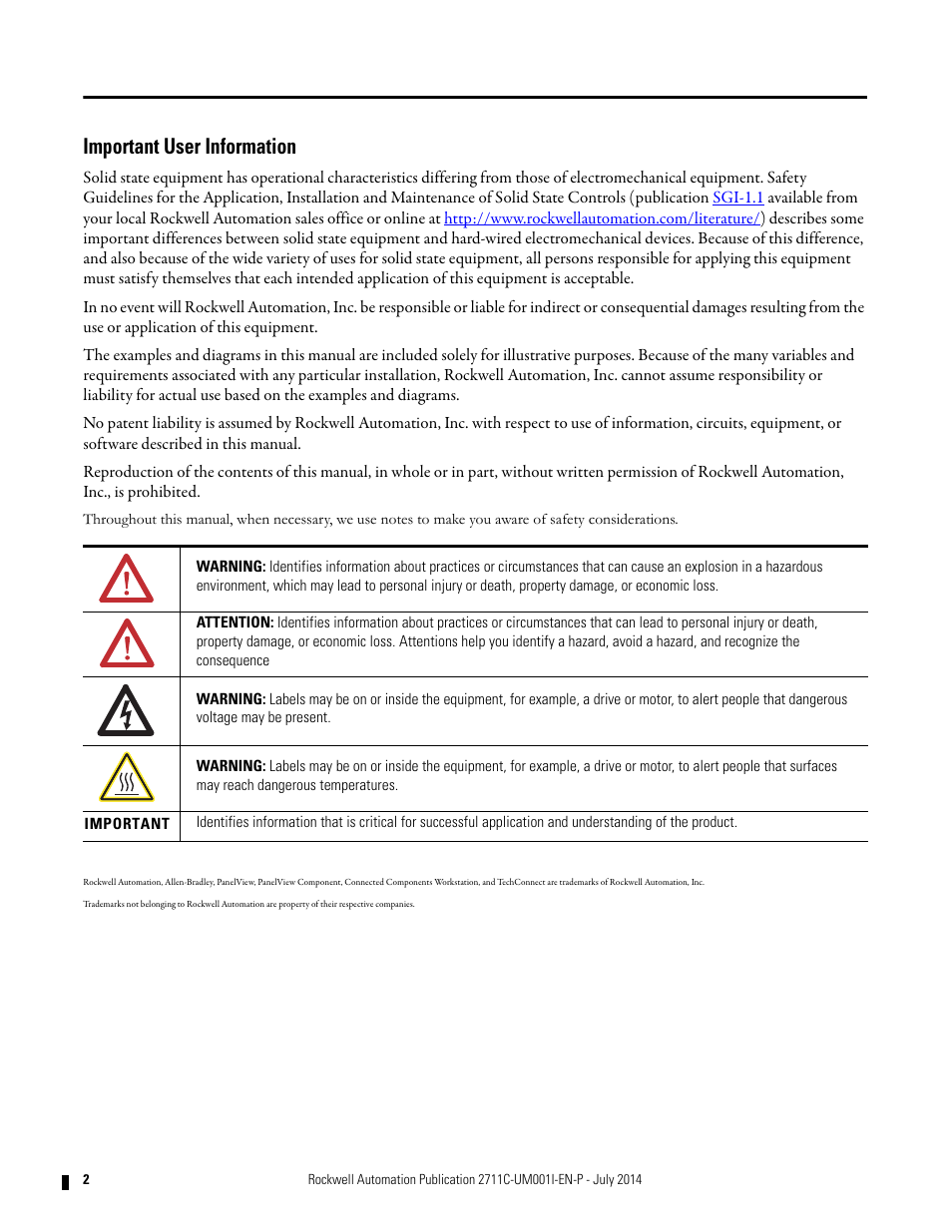 Important user information | Rockwell Automation 2711C-xxxx PanelView Component HMI Terminals User Manual | Page 2 / 146