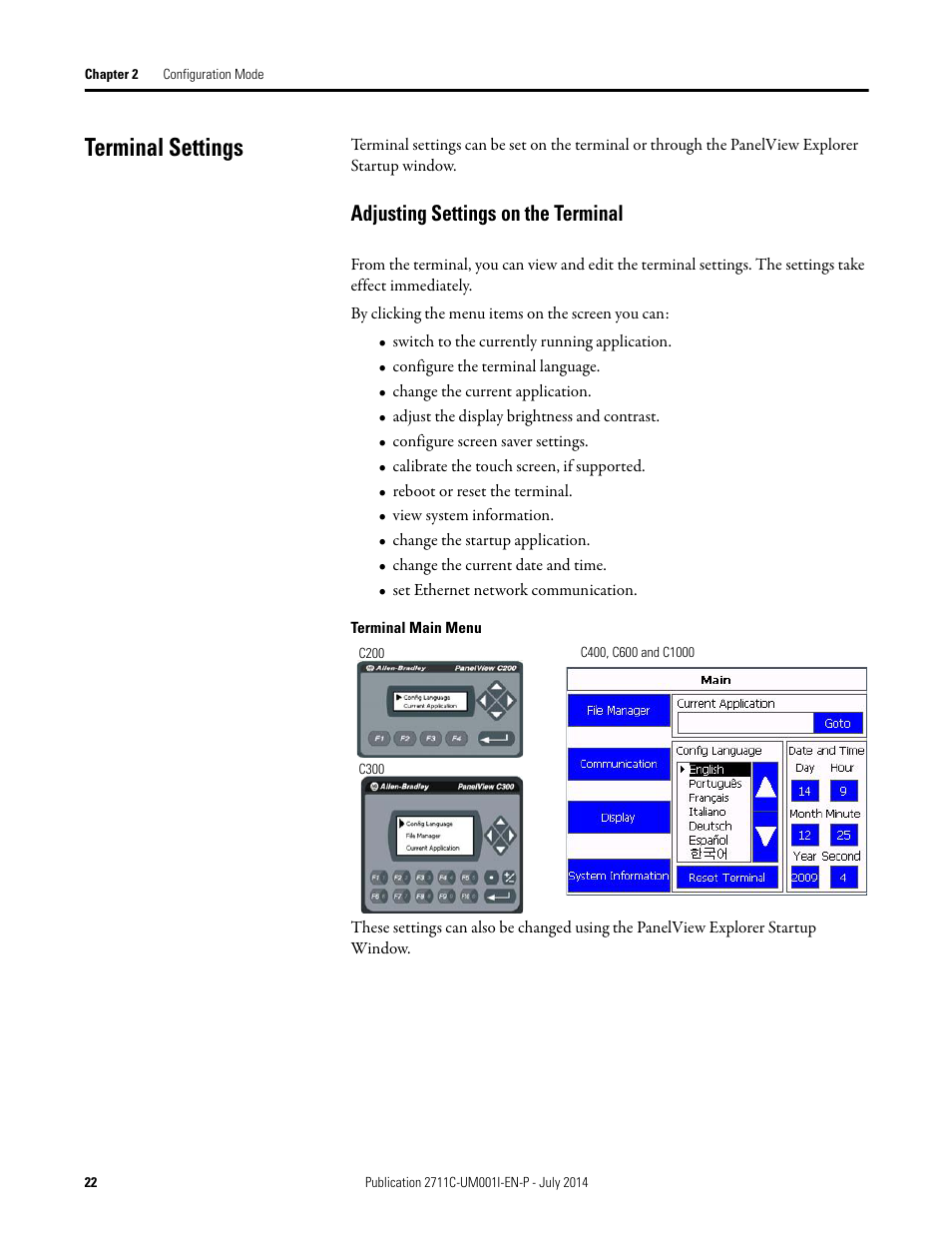 Terminal settings, Adjusting settings on the terminal | Rockwell Automation 2711C-xxxx PanelView Component HMI Terminals User Manual | Page 22 / 146