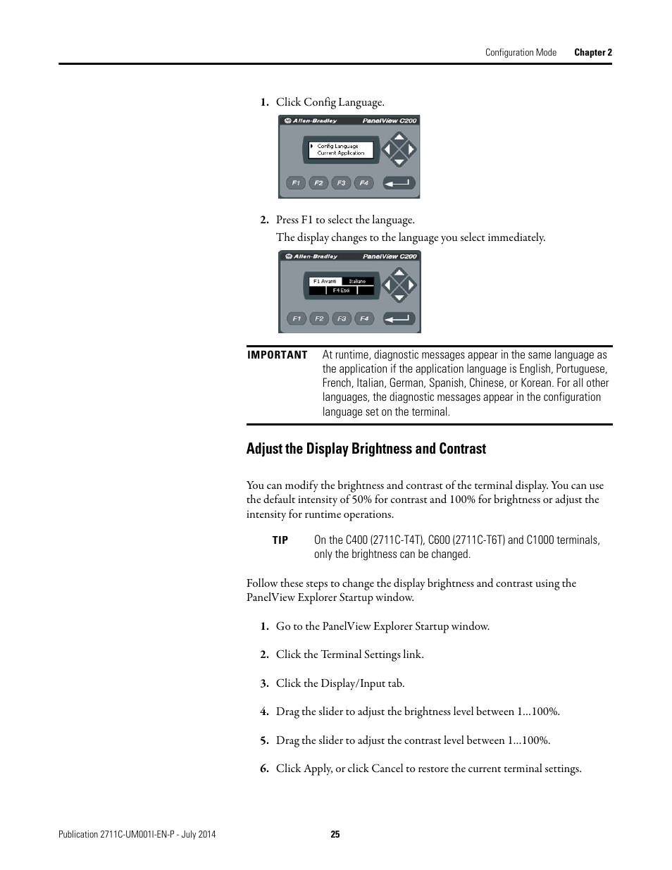 Adjust the display brightness and contrast | Rockwell Automation 2711C-xxxx PanelView Component HMI Terminals User Manual | Page 25 / 146