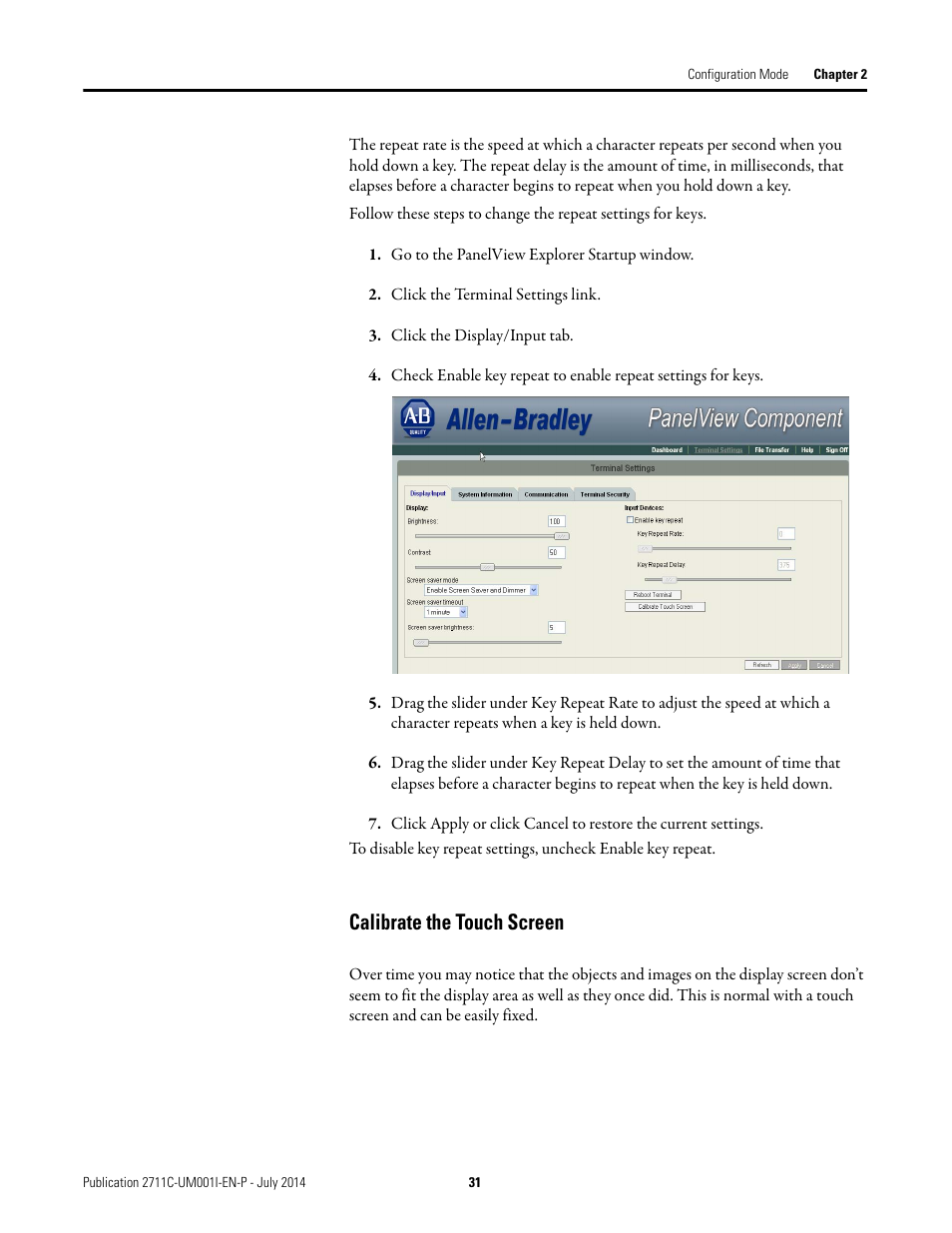 Calibrate the touch screen | Rockwell Automation 2711C-xxxx PanelView Component HMI Terminals User Manual | Page 31 / 146