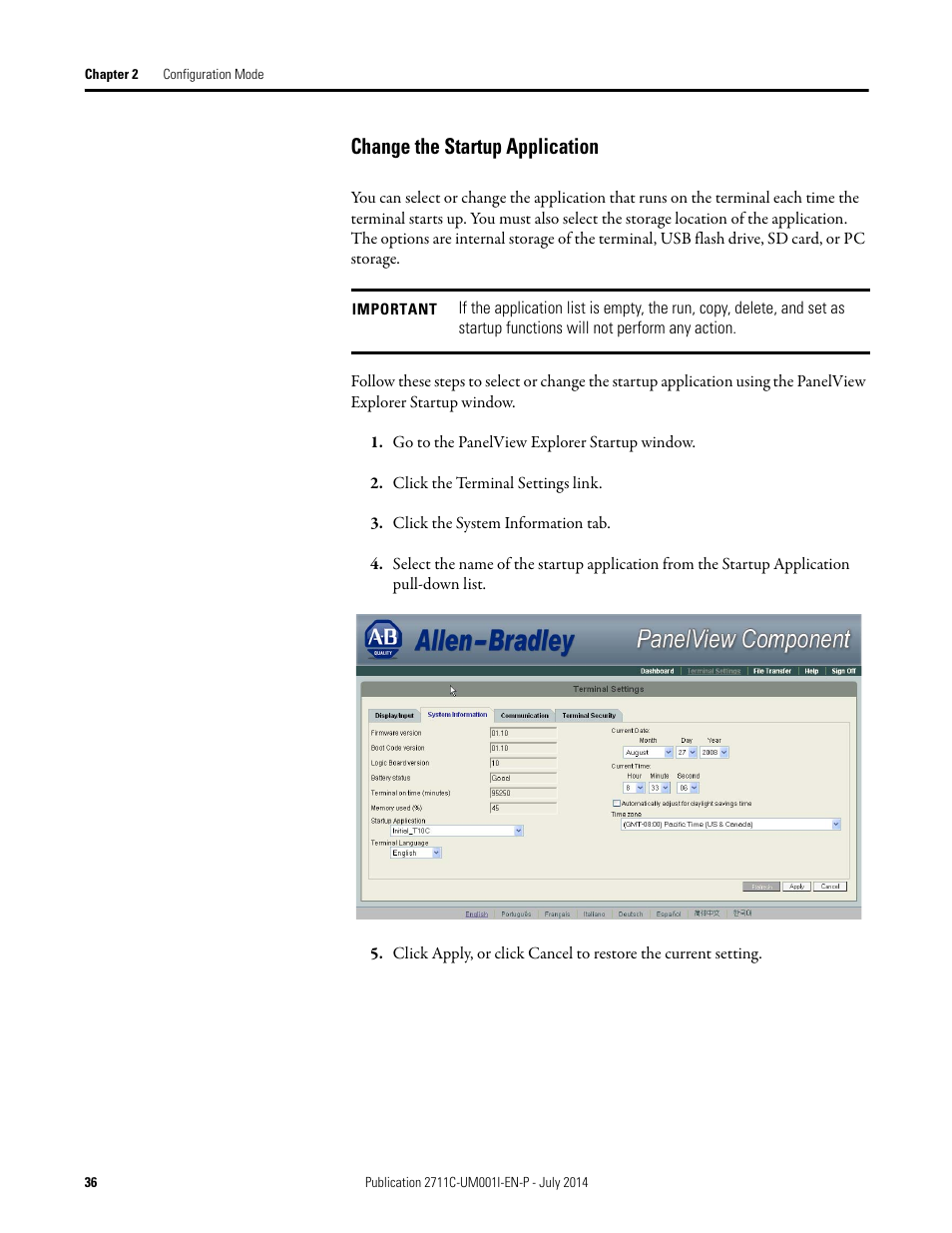 Change the startup application | Rockwell Automation 2711C-xxxx PanelView Component HMI Terminals User Manual | Page 36 / 146