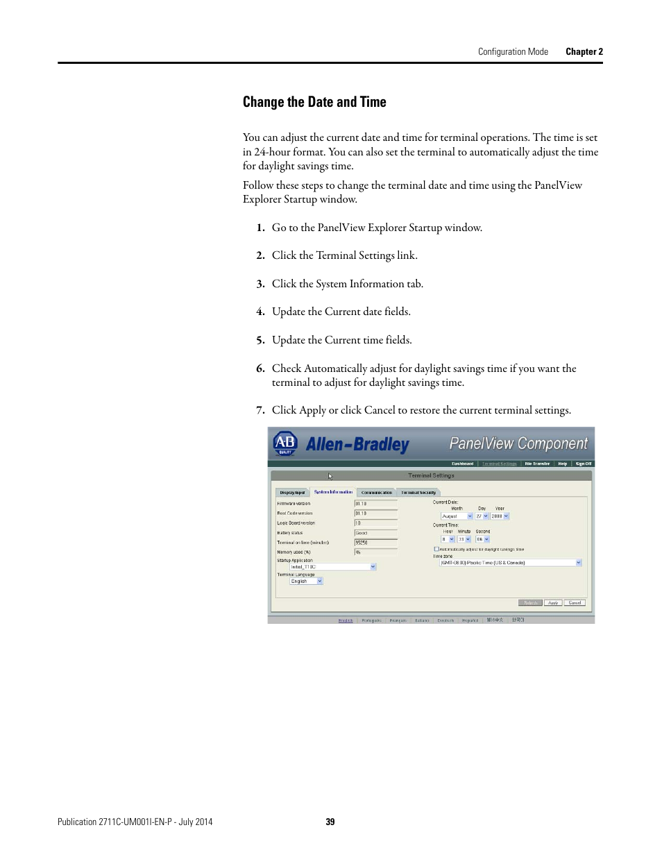 Change the date and time | Rockwell Automation 2711C-xxxx PanelView Component HMI Terminals User Manual | Page 39 / 146