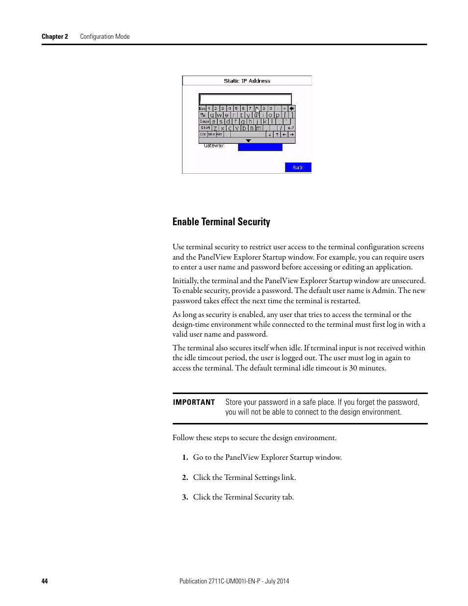 Enable terminal security | Rockwell Automation 2711C-xxxx PanelView Component HMI Terminals User Manual | Page 44 / 146