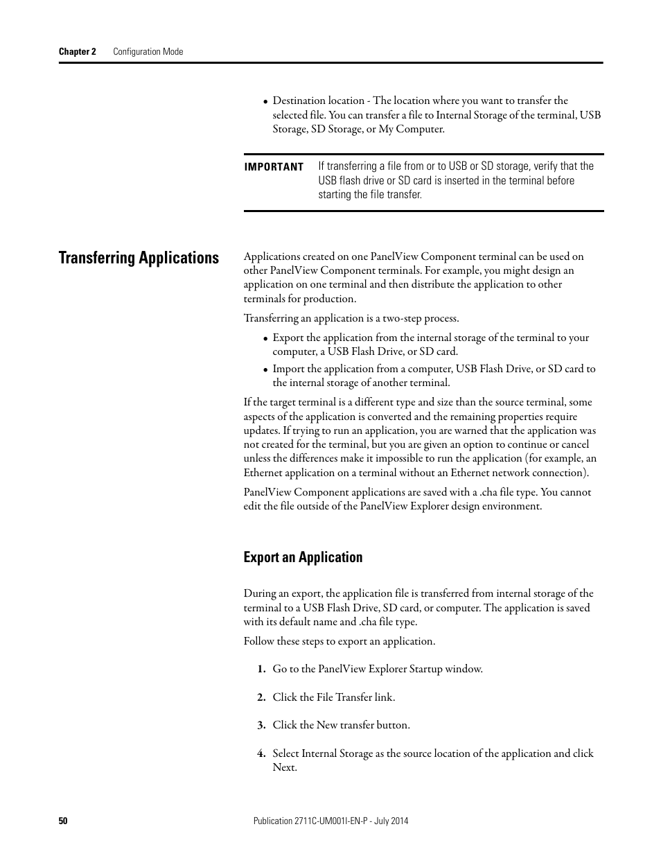 Transferring applications, Export an application | Rockwell Automation 2711C-xxxx PanelView Component HMI Terminals User Manual | Page 50 / 146