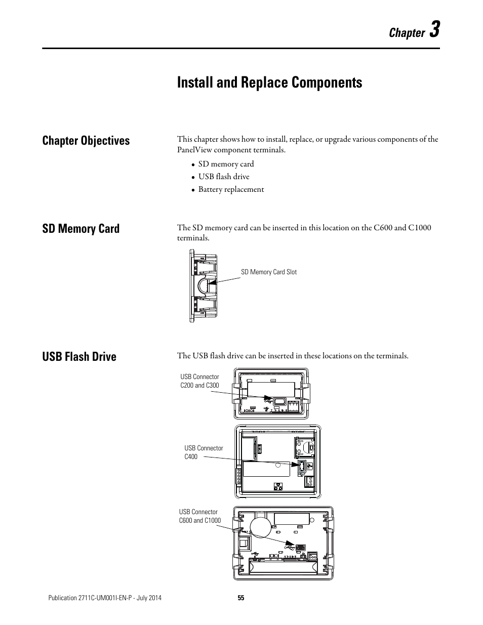 3 - install and replace components, Chapter objectives, Sd memory card | Usb flash drive, Chapter 3, Install and replace components, Chapter objectives sd memory card usb flash drive, Chapter | Rockwell Automation 2711C-xxxx PanelView Component HMI Terminals User Manual | Page 55 / 146