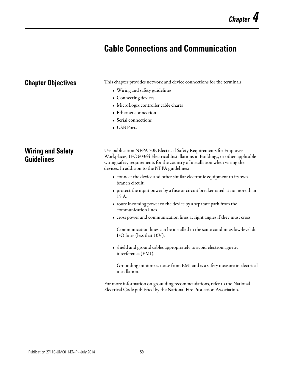 4 - cable connections and communication, Chapter objectives, Wiring and safety guidelines | Chapter 4, Cable connections and communication, Chapter objectives wiring and safety guidelines, Chapter | Rockwell Automation 2711C-xxxx PanelView Component HMI Terminals User Manual | Page 59 / 146