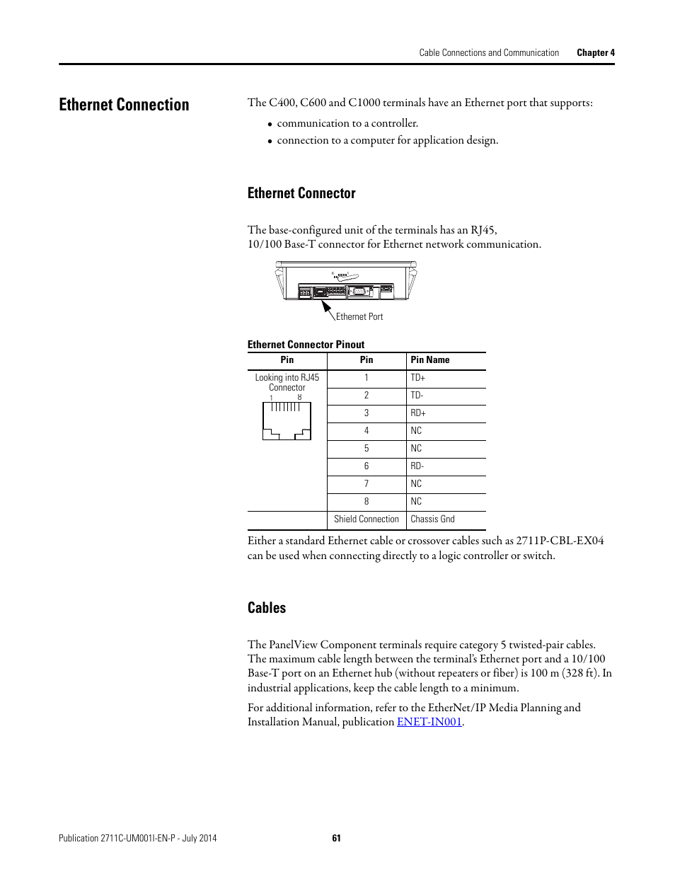 Ethernet connection, Ethernet connector, Cables | Rockwell Automation 2711C-xxxx PanelView Component HMI Terminals User Manual | Page 61 / 146