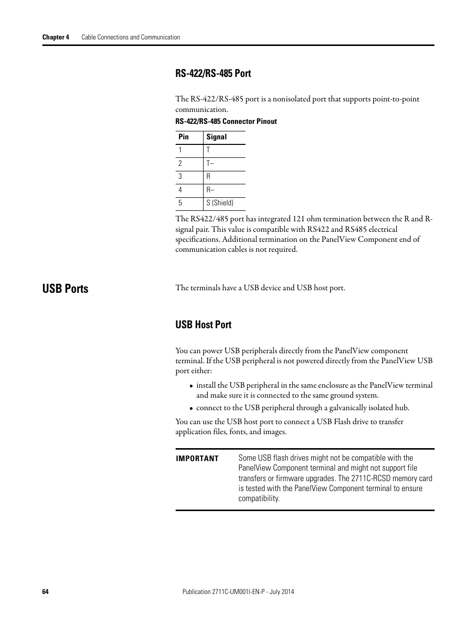 Rs-422/rs-485 port, Usb ports, Usb host port | Rockwell Automation 2711C-xxxx PanelView Component HMI Terminals User Manual | Page 64 / 146