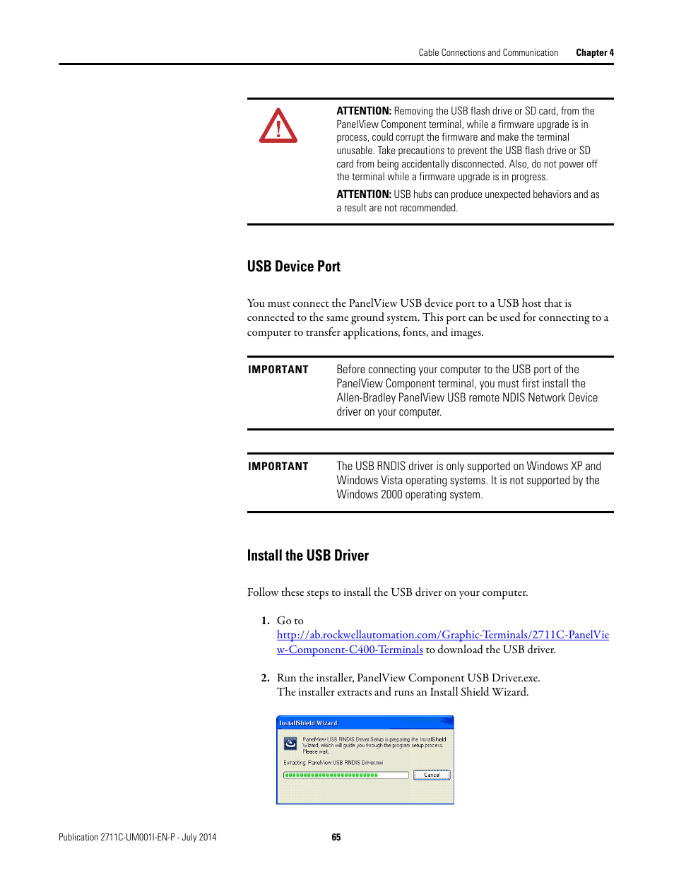 Usb device port, Install the usb driver | Rockwell Automation 2711C-xxxx PanelView Component HMI Terminals User Manual | Page 65 / 146