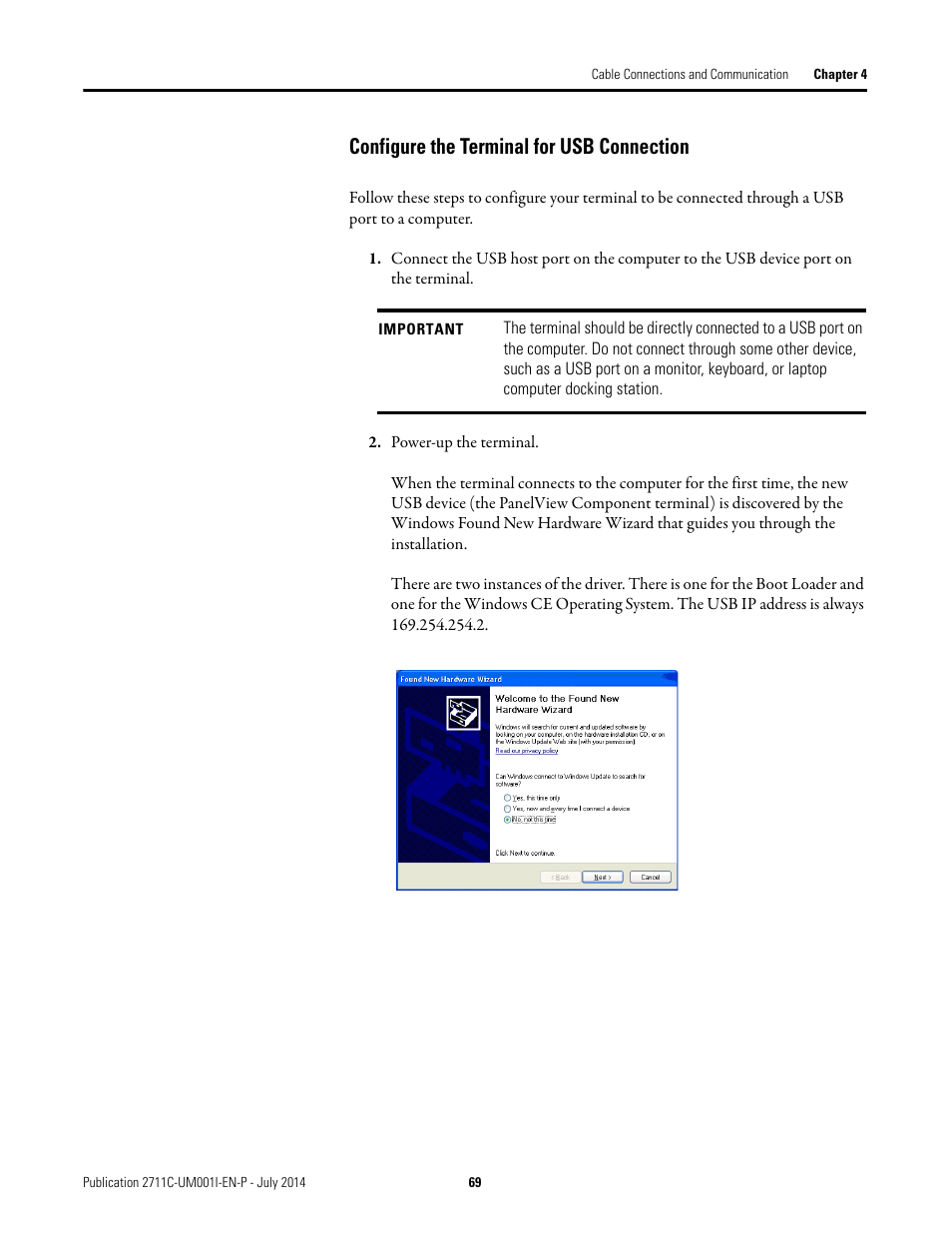 Configure the terminal for usb connection | Rockwell Automation 2711C-xxxx PanelView Component HMI Terminals User Manual | Page 69 / 146