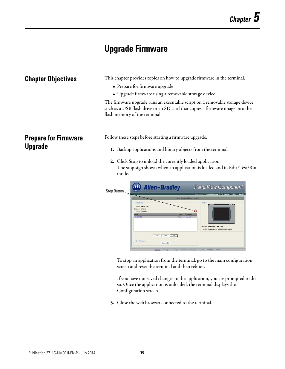 5 - upgrade firmware, Chapter objectives, Prepare for firmware upgrade | Chapter 5, Upgrade firmware, Chapter objectives prepare for firmware upgrade, Chapter | Rockwell Automation 2711C-xxxx PanelView Component HMI Terminals User Manual | Page 75 / 146