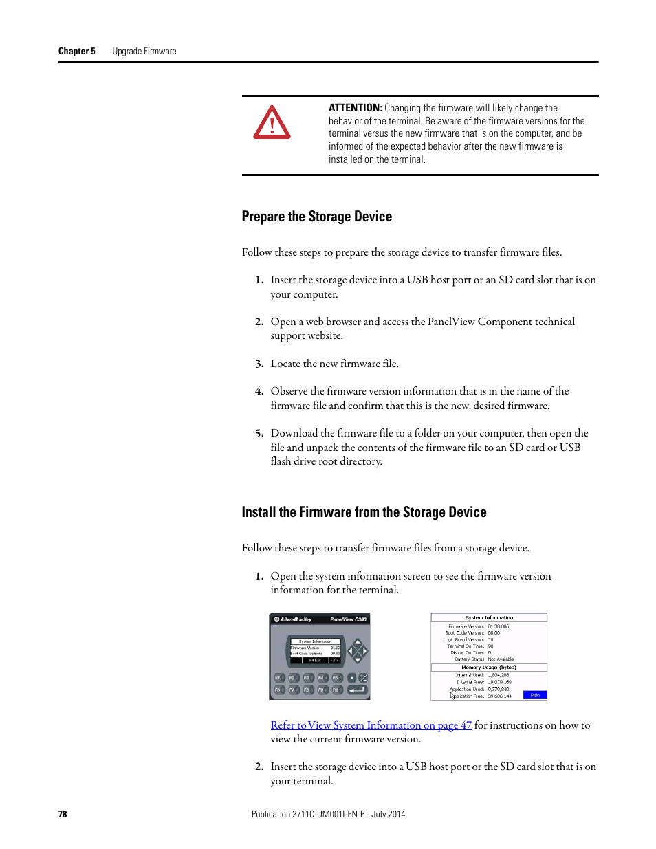 Prepare the storage device, Install the firmware from the storage device | Rockwell Automation 2711C-xxxx PanelView Component HMI Terminals User Manual | Page 78 / 146