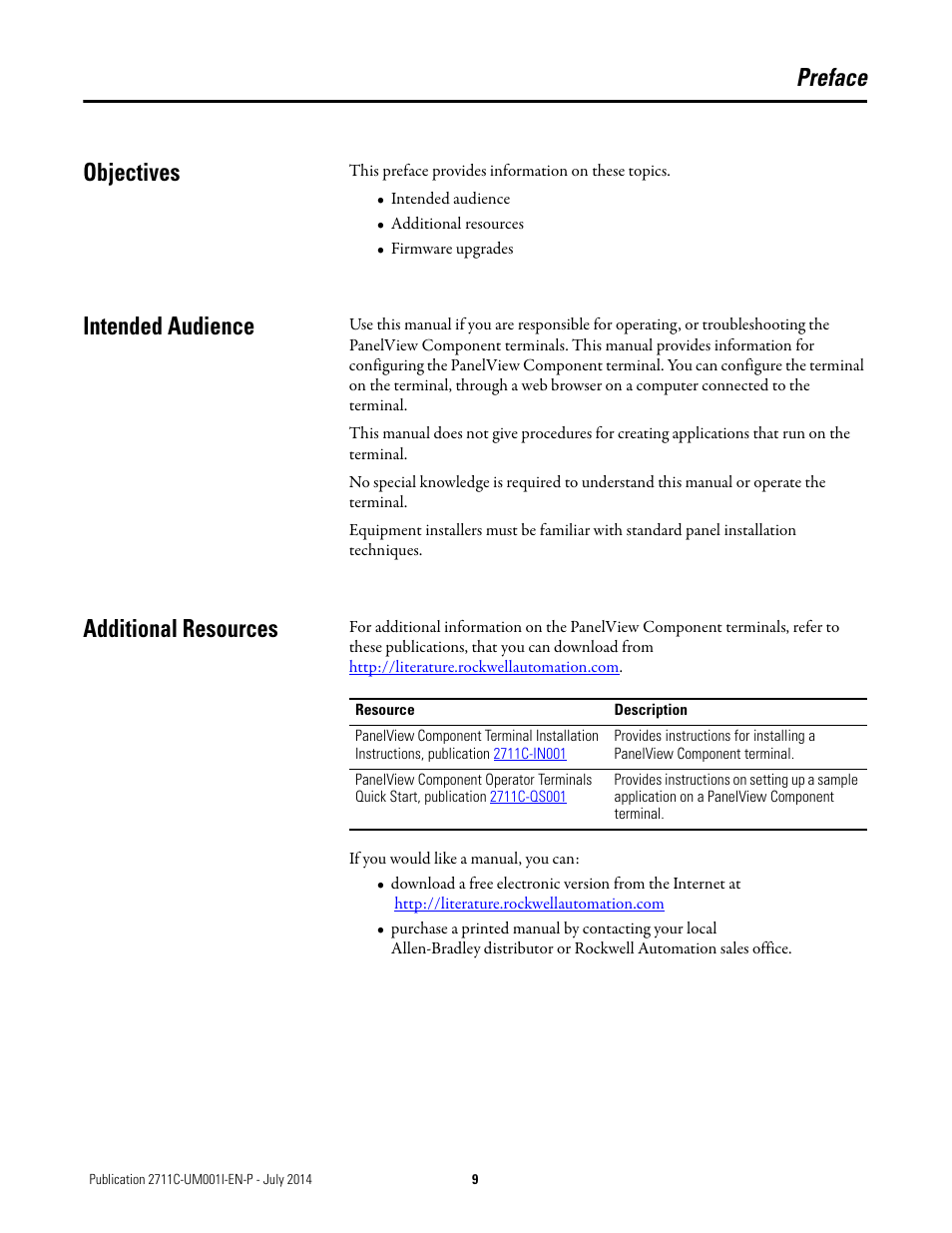 Preface, Objectives, Intended audience | Additional resources, Objectives intended audience additional resources, Preface objectives | Rockwell Automation 2711C-xxxx PanelView Component HMI Terminals User Manual | Page 9 / 146