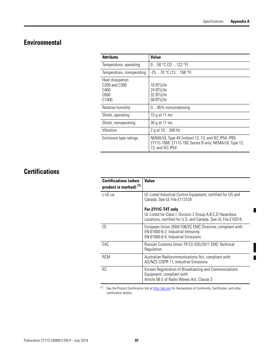 Environmental, Certifications, Environmental certifications | Rockwell Automation 2711C-xxxx PanelView Component HMI Terminals User Manual | Page 97 / 146