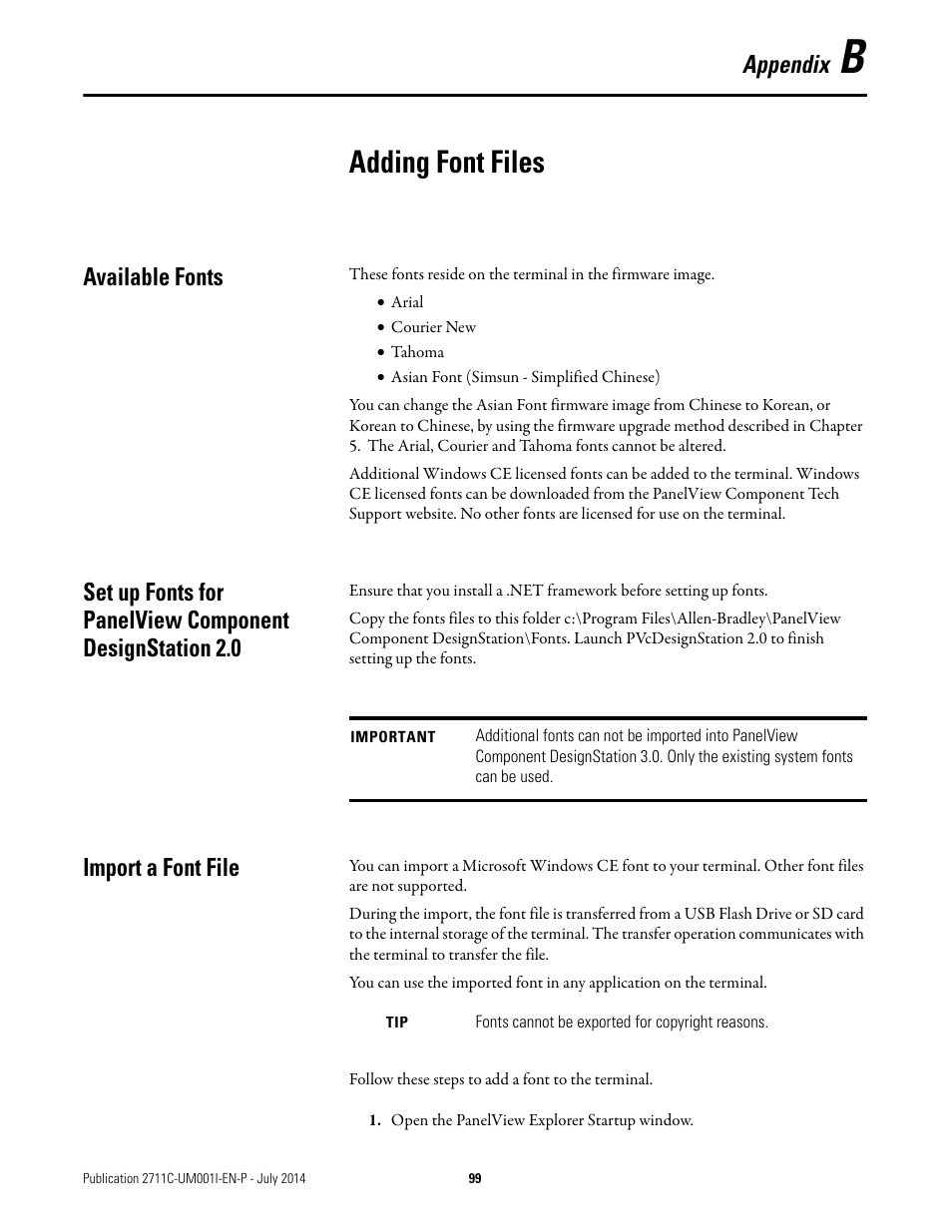 B - adding font files, Available fonts, Import a font file | Appendix b, Adding font files, Appendix | Rockwell Automation 2711C-xxxx PanelView Component HMI Terminals User Manual | Page 99 / 146