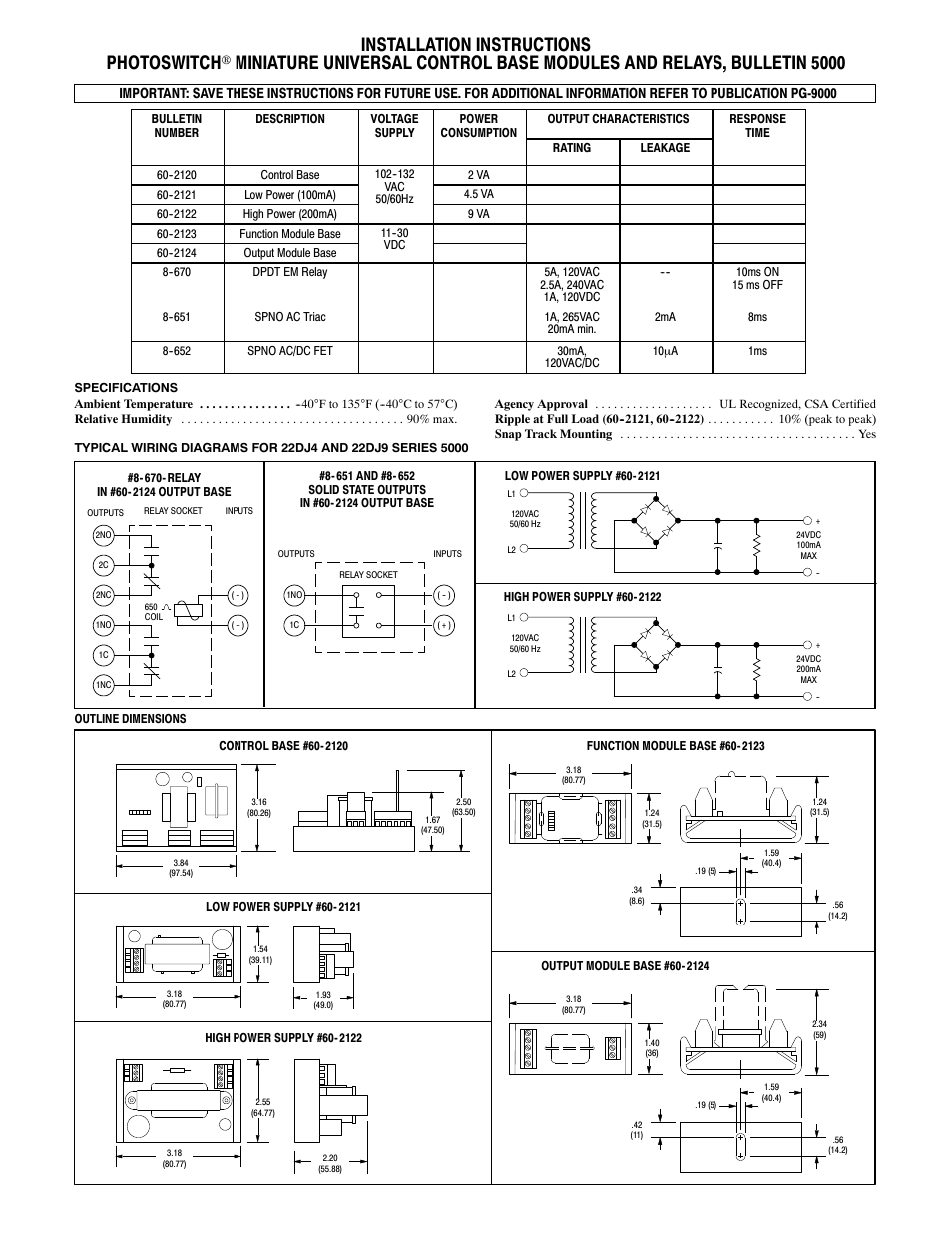 Rockwell Automation 60-212 PHOTOSWITCH Miniature Universal Control Base Modules and Relays User Manual | 2 pages