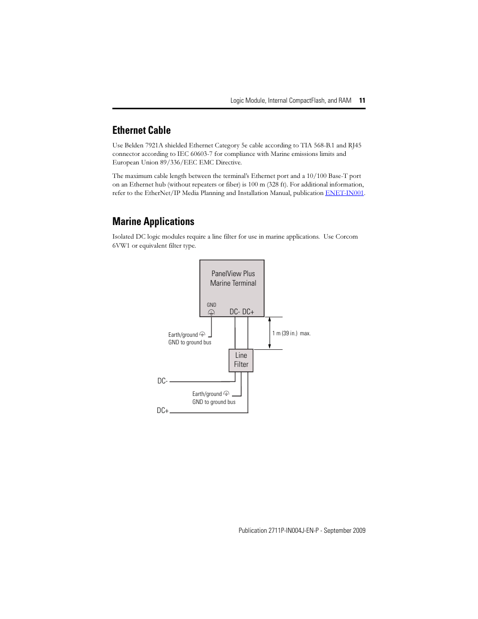 Ethernet cable, Marine applications | Rockwell Automation 2711P-Rxxxx Logic Module, Internal CompactFlash, and RAM User Manual | Page 11 / 16