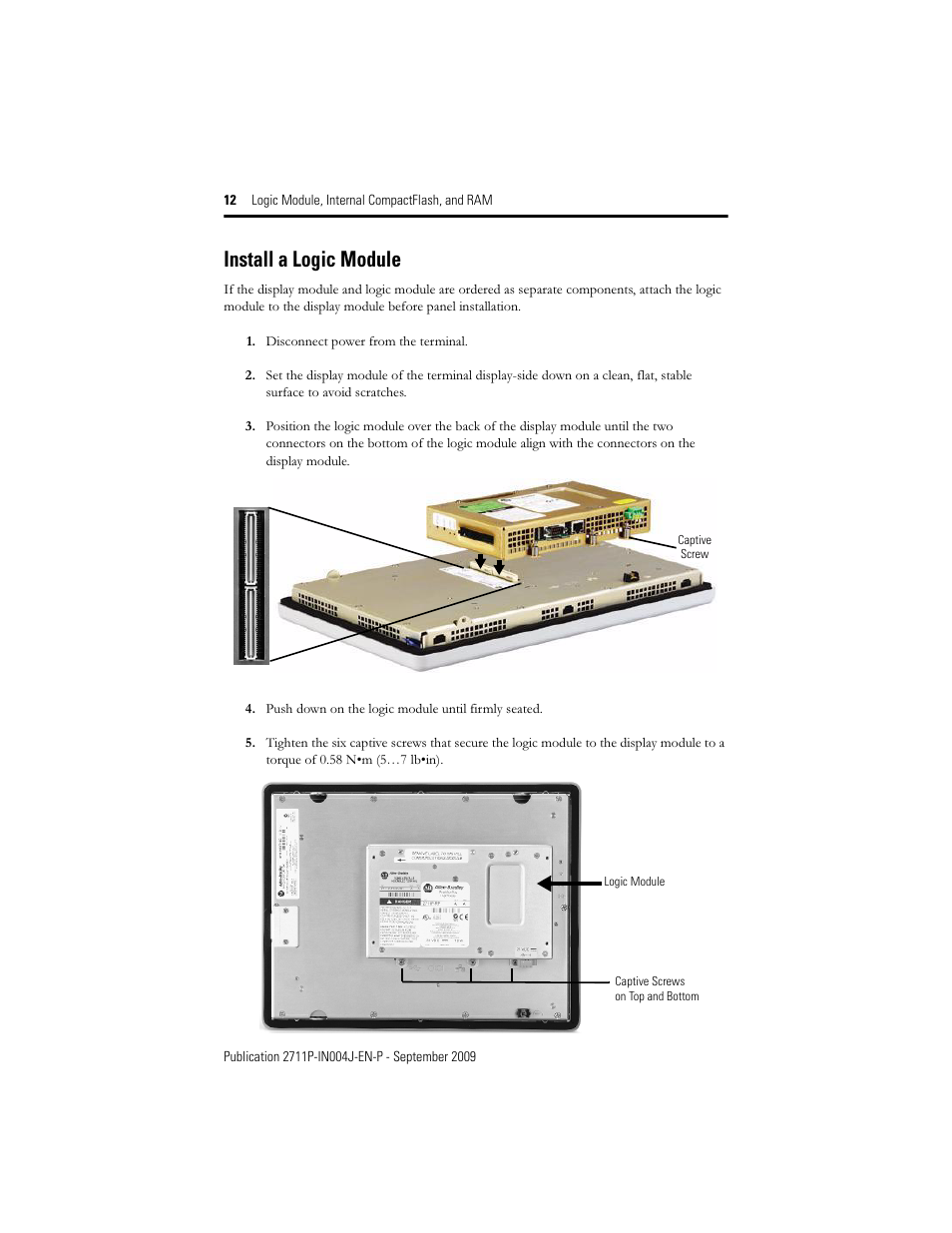 Install a logic module | Rockwell Automation 2711P-Rxxxx Logic Module, Internal CompactFlash, and RAM User Manual | Page 12 / 16