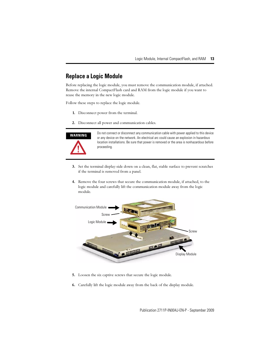 Replace a logic module | Rockwell Automation 2711P-Rxxxx Logic Module, Internal CompactFlash, and RAM User Manual | Page 13 / 16