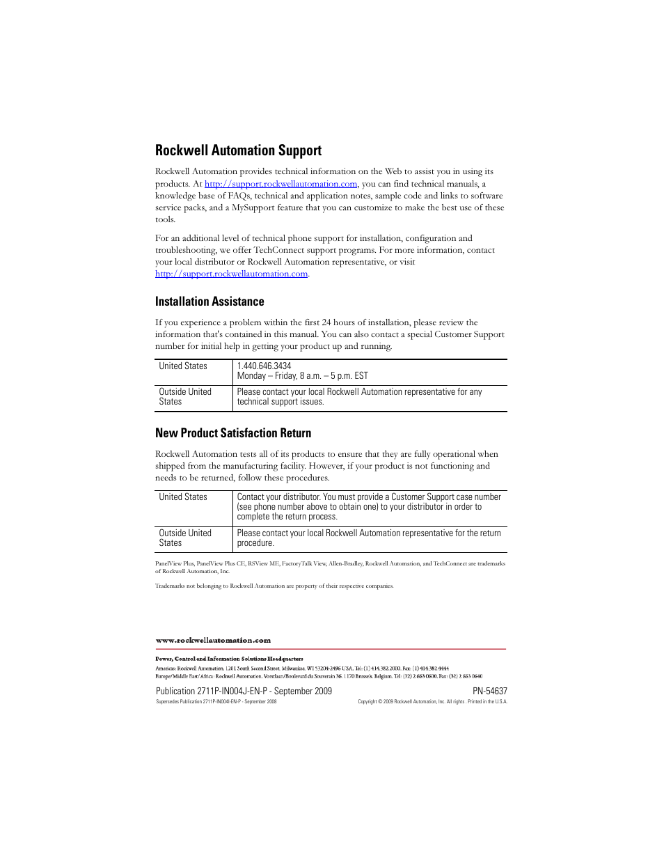 Back cover, Rockwell automation support, Installation assistance | New product satisfaction return | Rockwell Automation 2711P-Rxxxx Logic Module, Internal CompactFlash, and RAM User Manual | Page 16 / 16