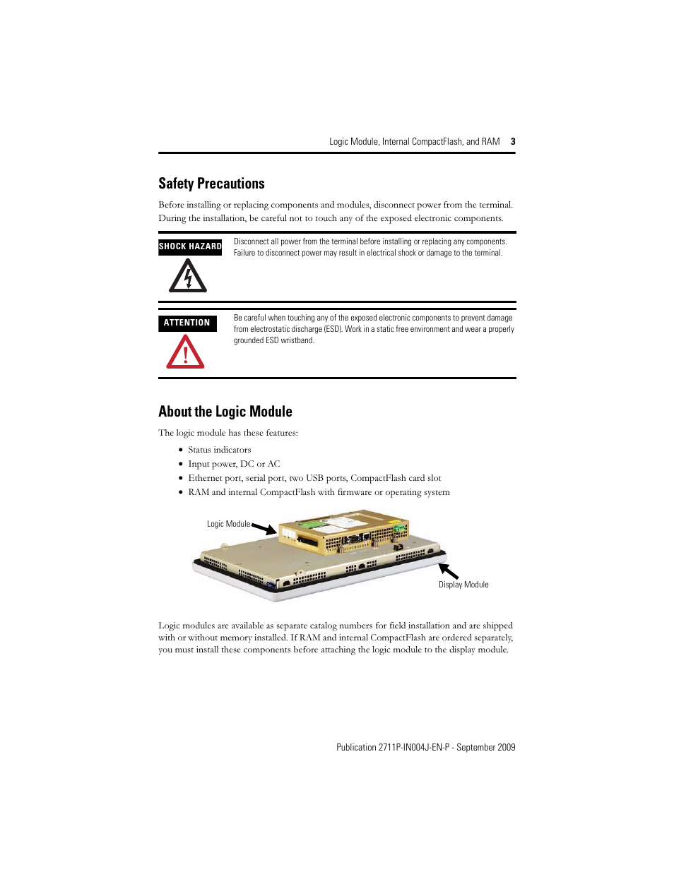 Safety precautions, About the logic module | Rockwell Automation 2711P-Rxxxx Logic Module, Internal CompactFlash, and RAM User Manual | Page 3 / 16