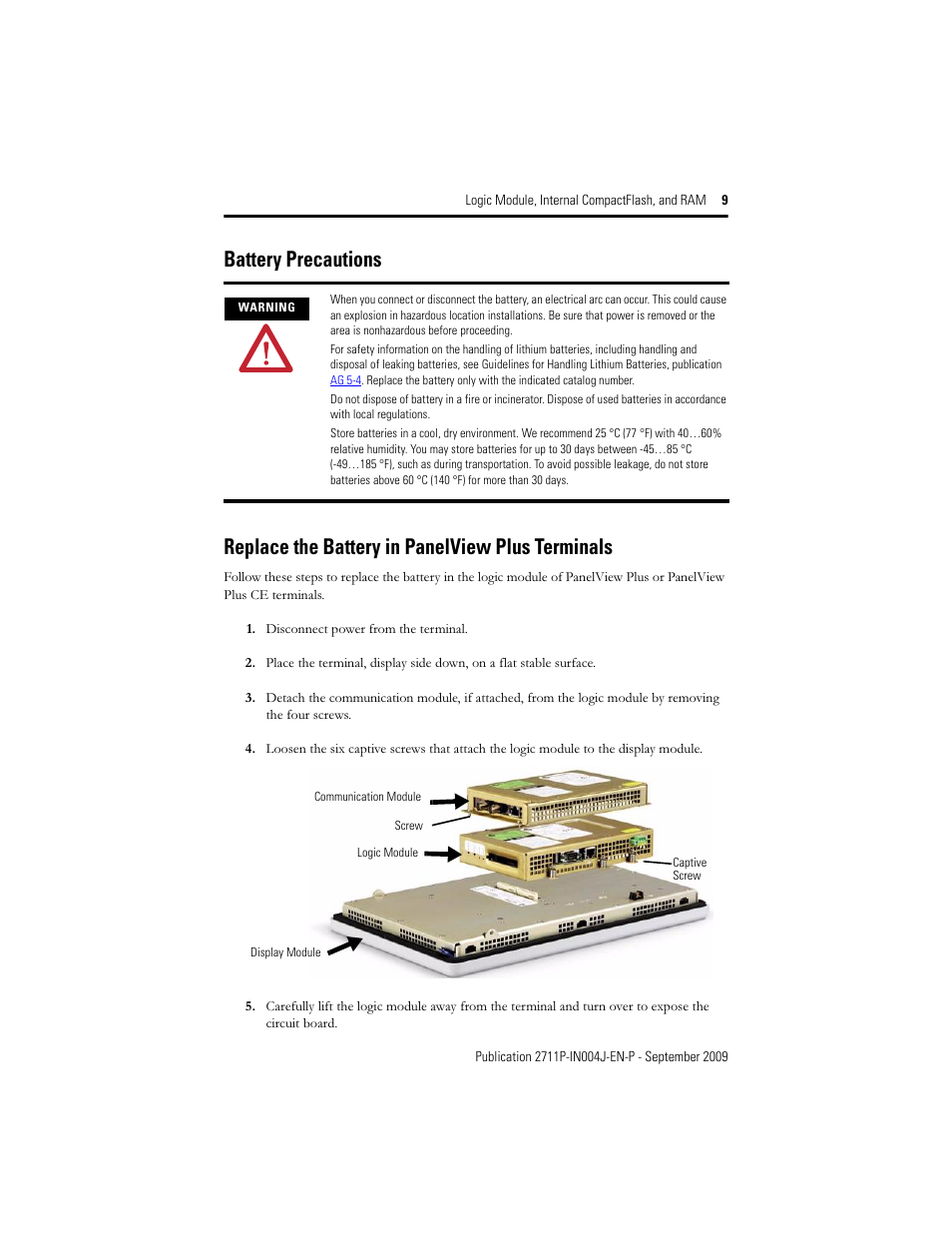 Battery precautions, Replace the battery in panelview plus terminals | Rockwell Automation 2711P-Rxxxx Logic Module, Internal CompactFlash, and RAM User Manual | Page 9 / 16