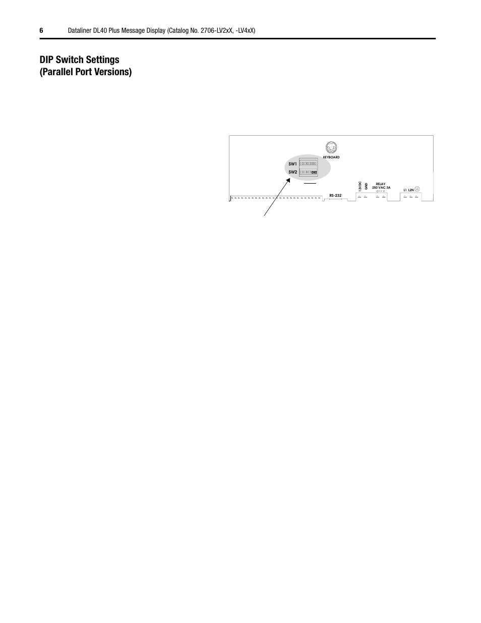Dip switch settings (parallel port versions), Dip switches | Rockwell Automation 2706-LV2xX, -LV4xX Dataliner DL40 Plus Message Display Installation User Manual | Page 6 / 12