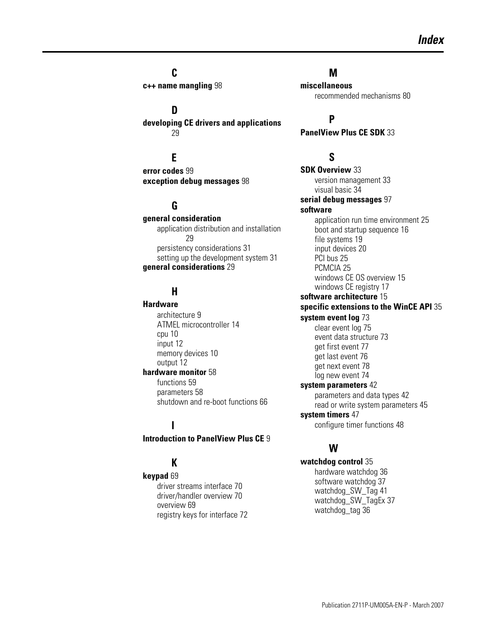 Index | Rockwell Automation 2711P Software Development Kit User Manual User Manual | Page 101 / 104