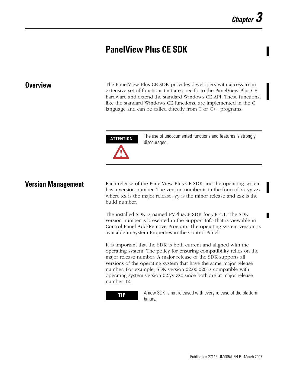 3 - panelview plus ce sdk, Overview, Version management | Chapter 3, Panelview plus ce sdk, Overview version management | Rockwell Automation 2711P Software Development Kit User Manual User Manual | Page 33 / 104