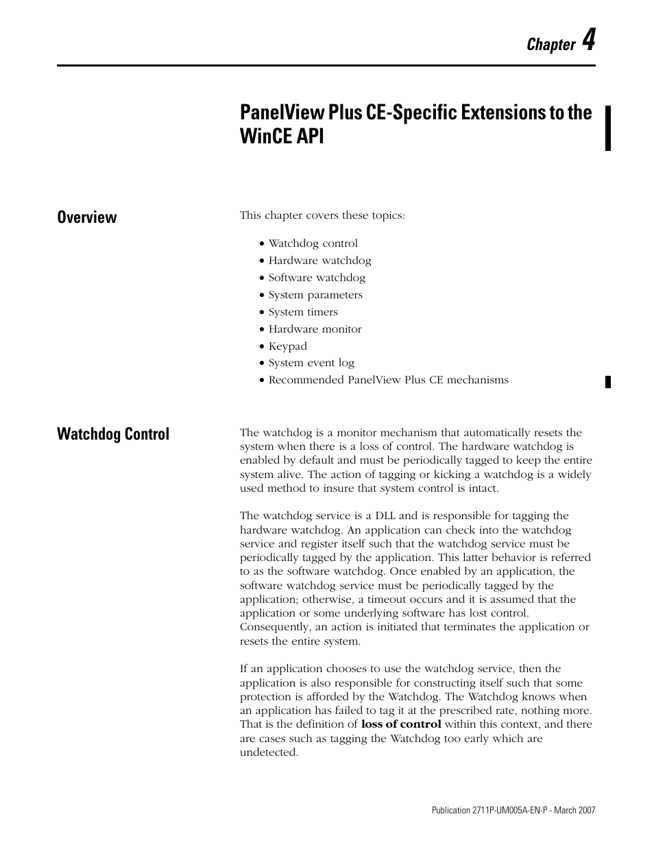 Overview, Watchdog control, Chapter 4 | Overview watchdog control | Rockwell Automation 2711P Software Development Kit User Manual User Manual | Page 35 / 104