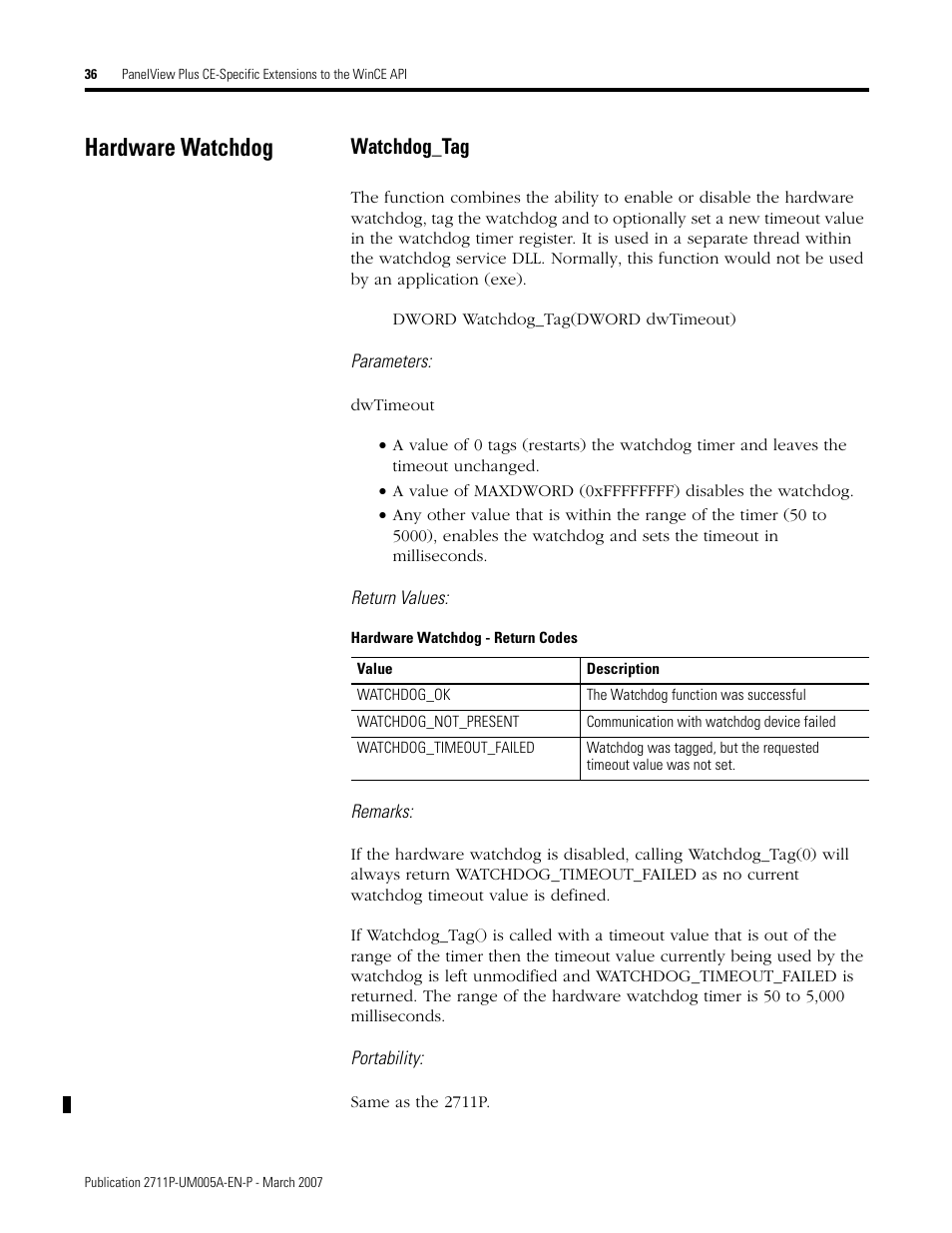 Hardware watchdog, Watchdog_tag | Rockwell Automation 2711P Software Development Kit User Manual User Manual | Page 36 / 104