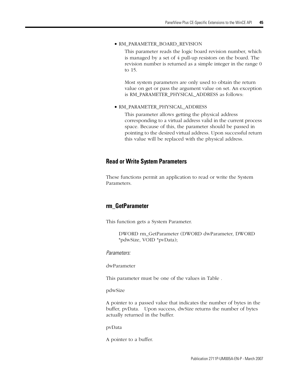 Read or write system parameters, Rm_getparameter, Read or write system parameters rm_getparameter | Rockwell Automation 2711P Software Development Kit User Manual User Manual | Page 45 / 104