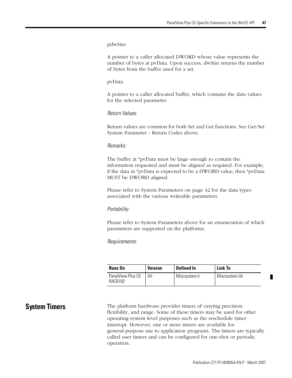 System timers | Rockwell Automation 2711P Software Development Kit User Manual User Manual | Page 47 / 104