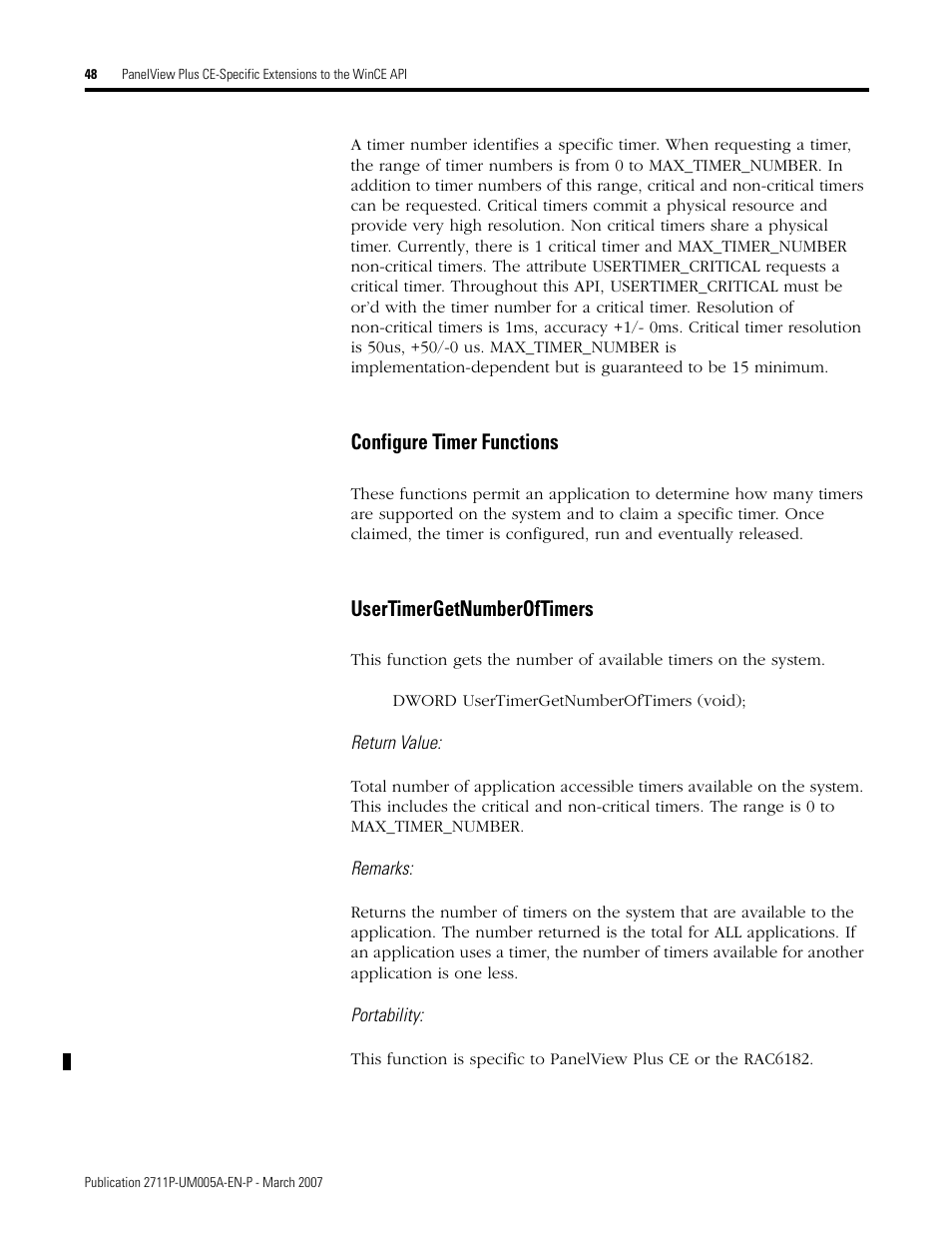 Configure timer functions, Usertimergetnumberoftimers | Rockwell Automation 2711P Software Development Kit User Manual User Manual | Page 48 / 104