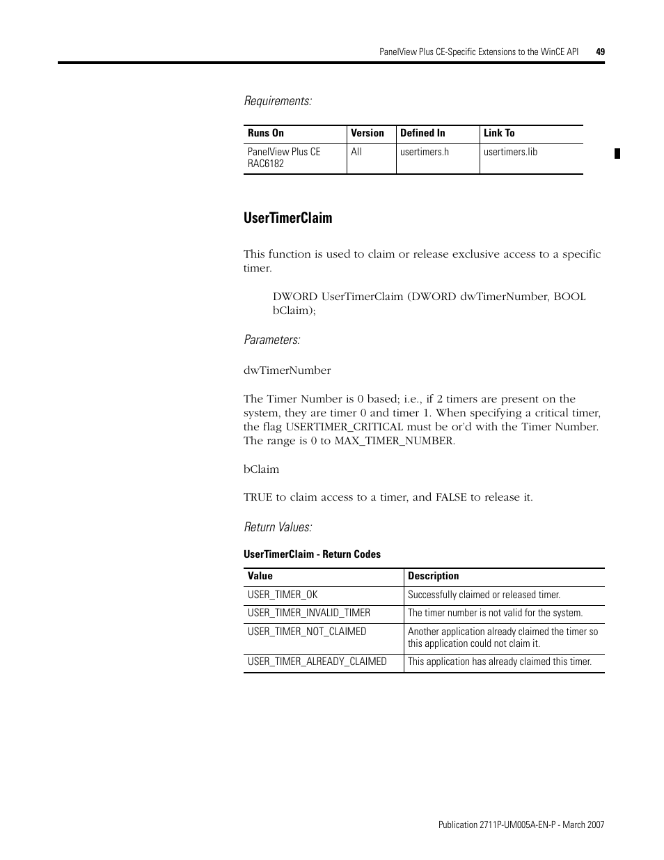 Usertimerclaim | Rockwell Automation 2711P Software Development Kit User Manual User Manual | Page 49 / 104