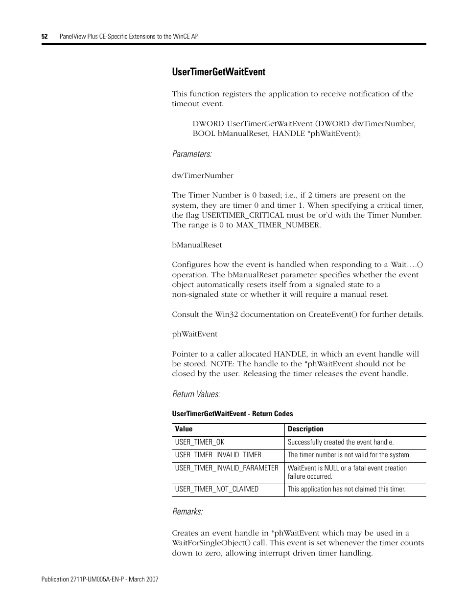 Usertimergetwaitevent | Rockwell Automation 2711P Software Development Kit User Manual User Manual | Page 52 / 104